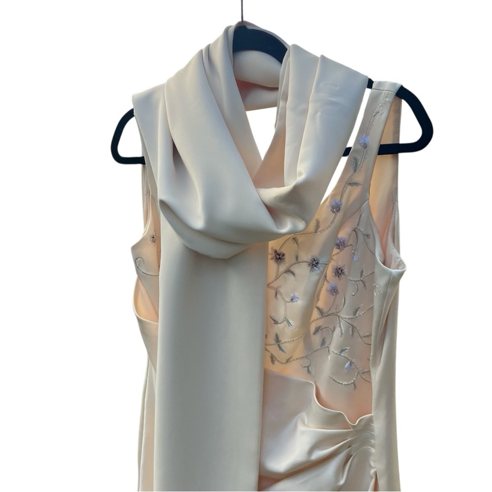 David's Bridal Women Gown 10 Champagne Beaded Floral Wrap Maxi F21247